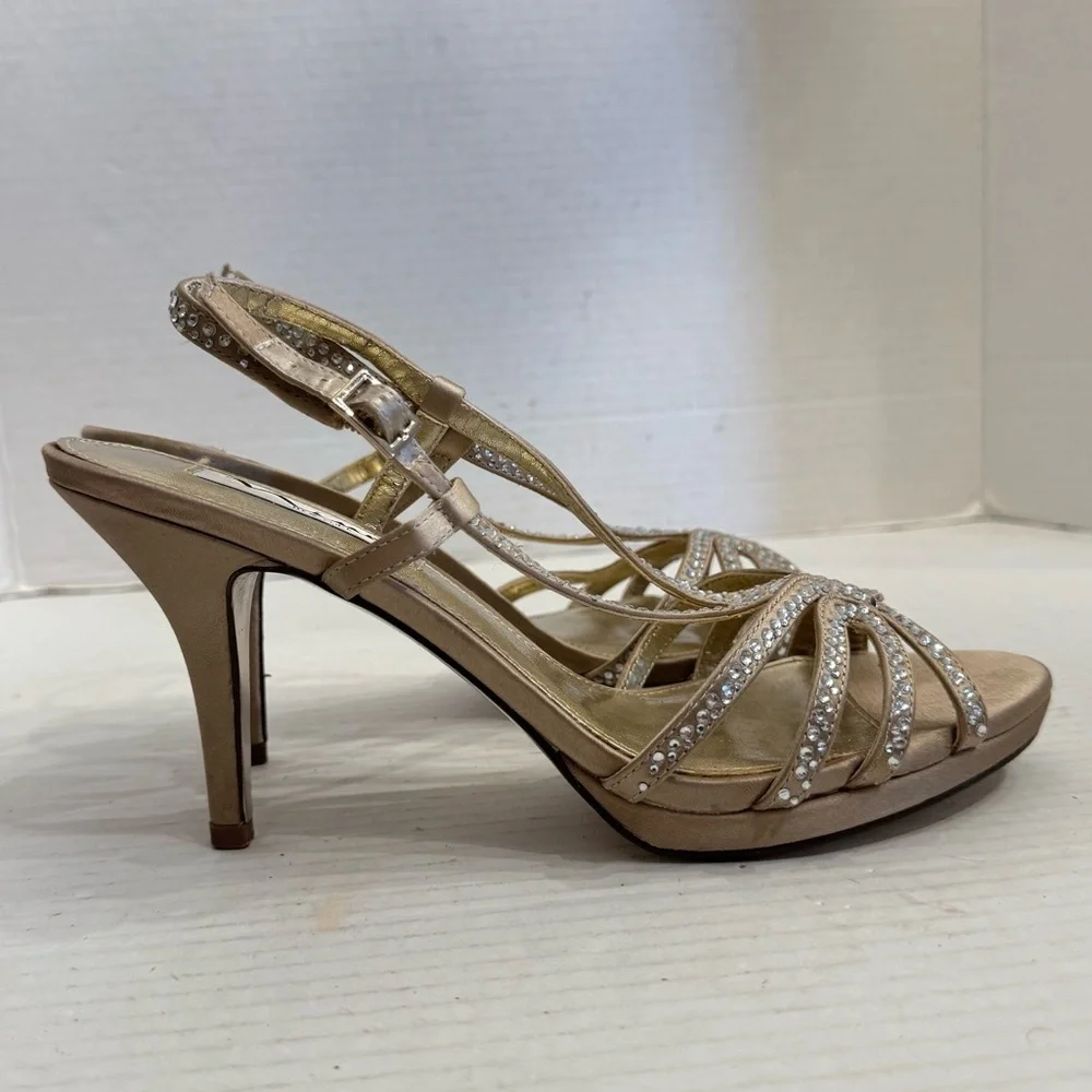Nina Gold Rhinestone Strappy Heels Sz 7.5 Party Shoes Wedding Formal Cocktail